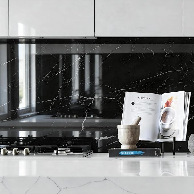 Marble Peel and Stick Waterproof Wall Paneling, 118" x 47" Black Marquina Glossy Finish Self-Adhesive Backsplash Tile Vinyl Wall Panel for Kitchen Bathroom Wall Decor, Covers 38.75 Sq. Ft. - Image 6