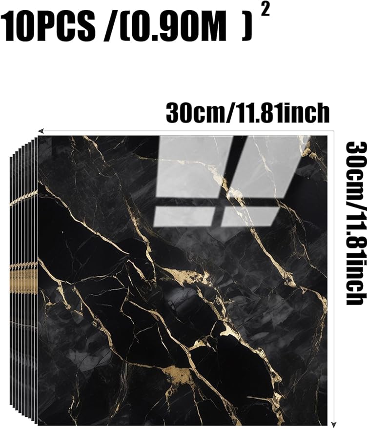 Chejiaye 10pcs Marble Peel and Stick Backsplash Waterproof Washroom Wall Panels, Peel and Stick Tile, PVC Foam Wall Panels for Kitchen,Bathroom,Living Room,Black Gold(Not Real Tile,11.8" x 11.8") - Image 4