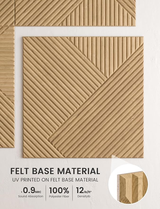 Fluxynara 6-Pack Felt Bulletin Board,Natural Oak Diamond Chevron-1 | 70.87" x 47.24" Cork Board Alternative, Acoustic Wall Panels with 60 Adhesive Tabs for Recording Studios and Home Offices - Image 3