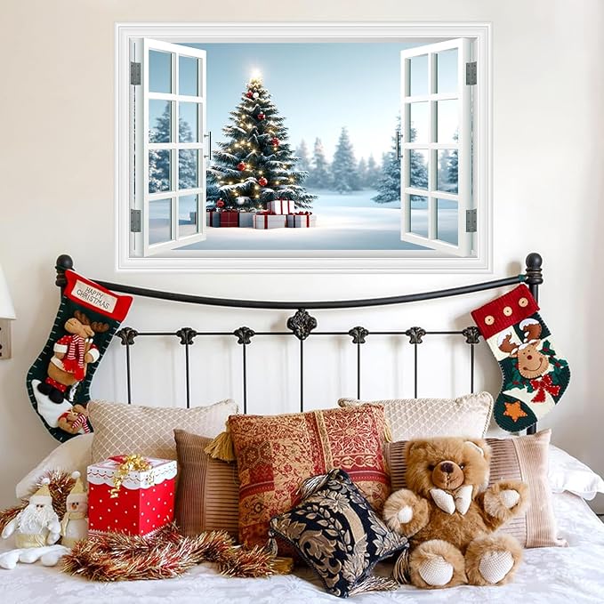 Fake Window Wall Decal - Christmas Tree Gift Winter Wall Art Poster Mural | ｜Faux Window Snow Snowfield Landscape Mural ｜ Stick and Peel Wall Decals｜for Xmas Room Office Decor｜48"x32",Set of 2 Sheets - Image 7
