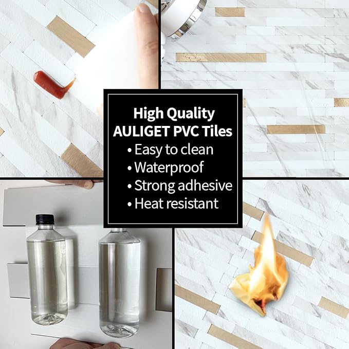 AULIGET 2 Sheets Faux Stone White Marble Peel and Stick Backsplash, PVC Mixed Metal Champagne Gold Wall Tile Stick on Backsplash for Kitchen and Bathroom - Image 5