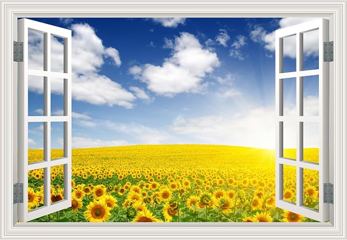 Fake Window Wall Decal- Summer Blooming Sunflowers Open Wall Art Sticker | Faux Window Natural Scenery Landscape Mural ｜ Stick and Peel Wall Decals｜Room Bedroom Office Decor｜48"x32",Set of 2 Sheets by Clickhere