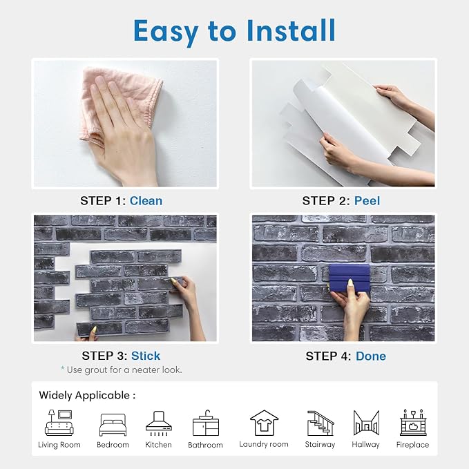 COMSTICKC 3D Faux Brick Wall Panels Peel and Stick, 10 Pcs 15.7" x 11.8" | Gray, Not Real Brick, Lightweight Thin PVC Wallpaper, Fake Brick Wall Sticker for Quick DIY Wall Upgrades, Cover 12.9 sq ft - Image 8