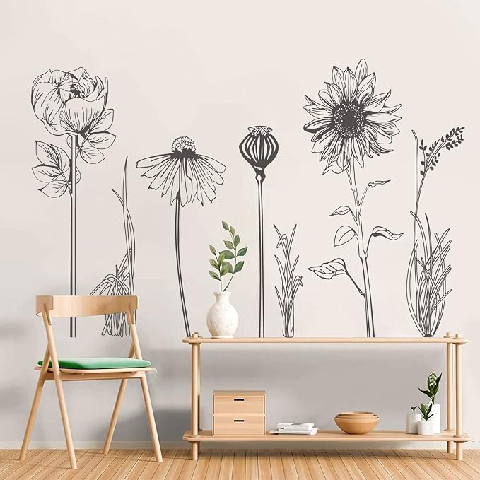 Black Simple Flower Plant Wall Decals, 2 Sheets Large Boho Floral Modern Wall Stickers Peel Stick Sketch Wildflower Wallpaper Art Decor for Bedroom Living Room Office Gifts for Mom(11.8x35.4 in/Sheet) - Image 4