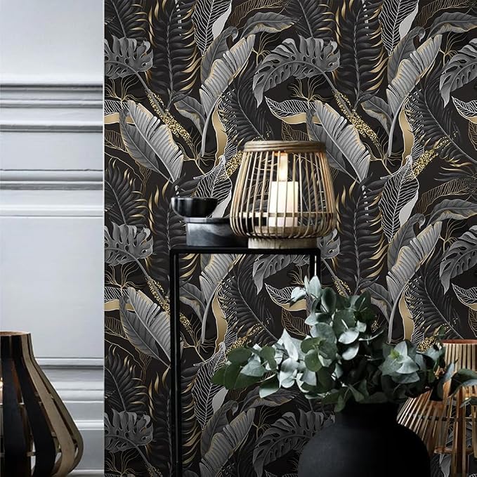 MuralPeel Black Gold Tropical Plant Leaf Modern Dark/Black/Grey Peel and Stick Wallpaper Self Adhesive Removable Easy Peel Off Contact Stick on Wall Paper for Bedroom Renter - Image 5