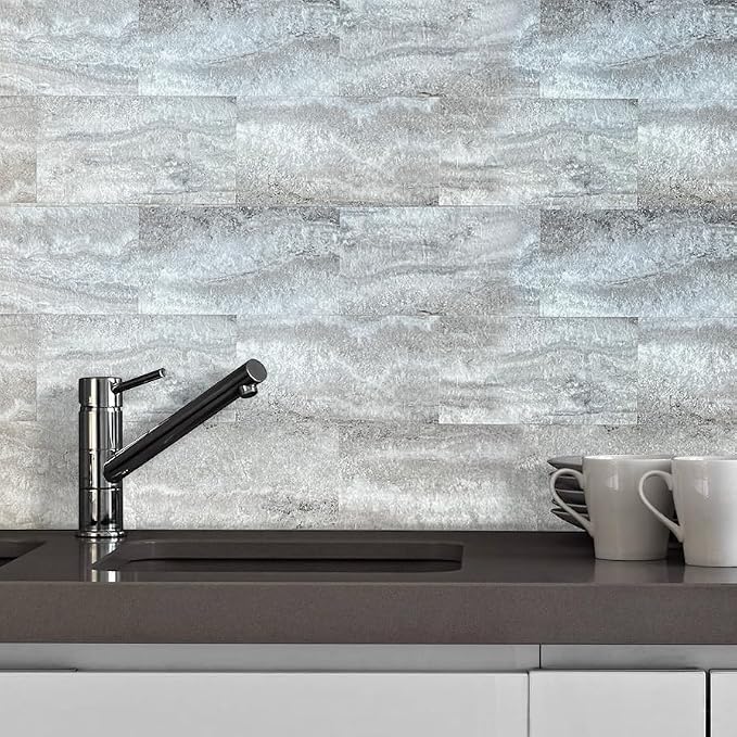 AULIGET 20-Piece Peel and Stick Backsplash Wall Tiles, 6" x 12" PVC Warm Grey Faux Stone Stick on Tiles for Backsplash Kitchen, Bathroom, Laundry Room, Camper, Fireplace - Image 2