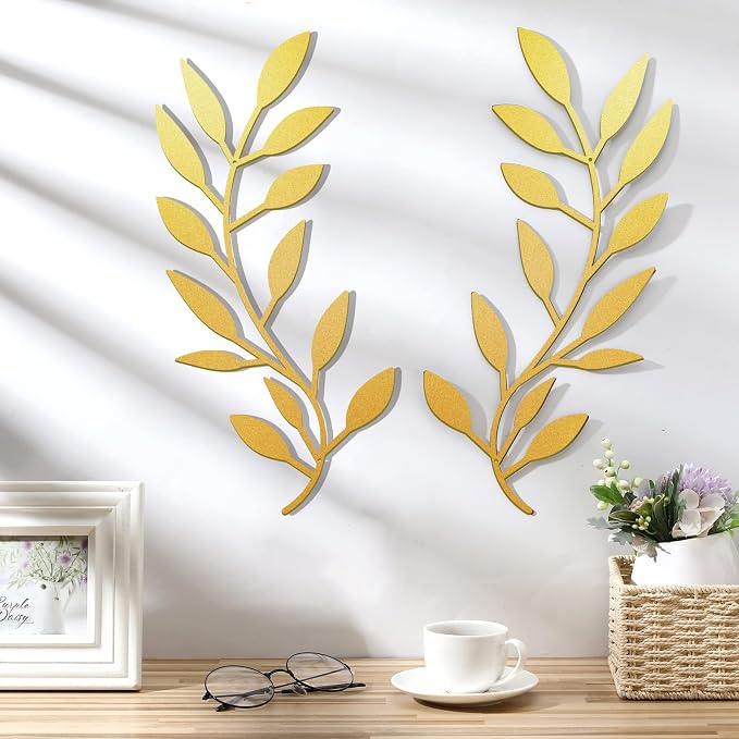 Zhengmy 2 Pcs Metal Leaf Wall Art Vine Branch Decor,Gold | Olive Branch Metal Decor for Living Room Hallway, Symmetrical Leaf Pair for Doorway Entryway, Lightweight Hanging Art Design - Image 3