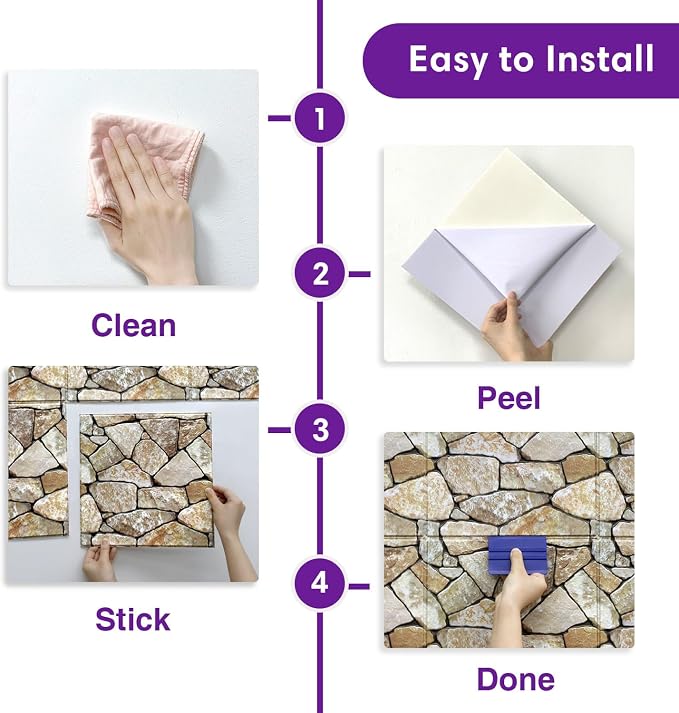 3D Peel and Stick Faux Stone Wall Panels 11.8" x 11.8" 10-Pack | Washed Yellow Brown, Stone-Look Textured Wall Sticker, Thin PVC Self Adhesive Wall Tiles for Interior Decor, Cover 9.7 sq ft - Image 6