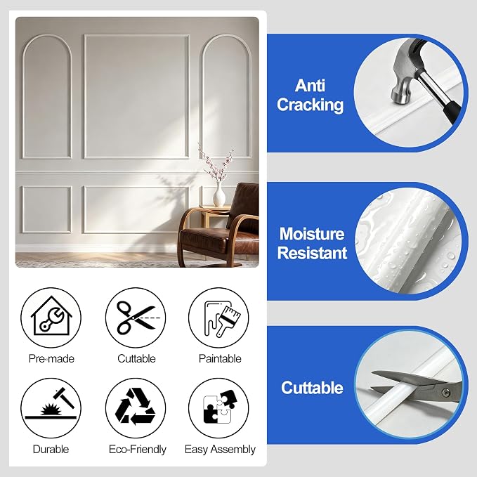 RELIANCER 30FT Peel and Stick Wall Molding Kit,Flexible Pre-Made Molding Trim for Wall,3D Moulding Wainscoting Panel,Self Adhesive Walls Moulding Trim,Walls Modular Frames for Mirror Window Borders - Image 5