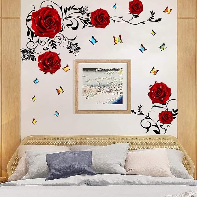 Supzone Red Rose Wall Stickers Rose Flower Vine Wall Decal Purple Peony Floral Wall Decor DIY Vinyl Mural Art for Bedroom Living Room Sofa Backdrop - Image 2