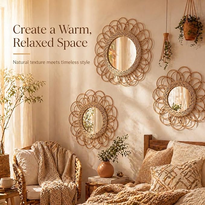 Vercraft 3 Pack Boho Rattan Mirror Wall Hanging Wicker Flower Decor - Image 4