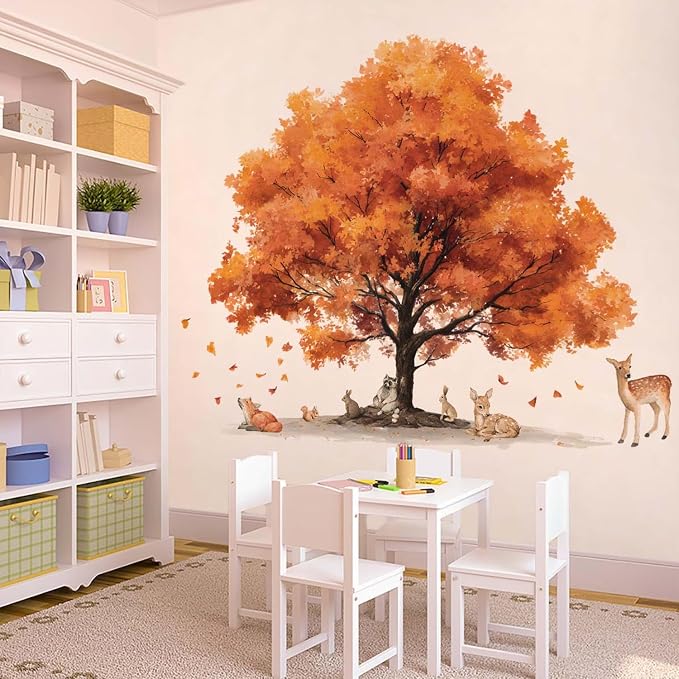 Autumn Tree Wall Decals Woodland Animal Wall Sticker Large Fall Orange Tree Vinyl Mural with Deer Fox Rabbit Squirrel Raccoon Removable Nature Wall Art for Nursery Playroom Bedroom Living Room Class - Image 3