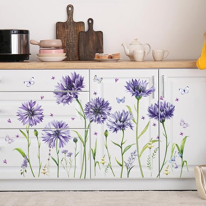 Purple Flower Wall Sticker Peel and Stick Floral Butterfly Wall Decals | Purple Wall Decal DIY Removable Daisy Flower Sticker Big Flower Wall Art Mural for Bedroom Waterproof Self-adhesive Wallpaper - Image 4