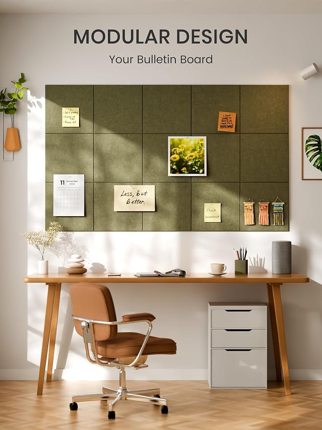 Bumusty 48"x 36" Large Felt Bulletin Board Tiles, Olive Green | 12-Pack Cork Board Alternative, Wall Decor, 30 Pushpins, 60 Adhesive Tabs, Vision Board, Office, Classroom, Home, Dorm - Image 7