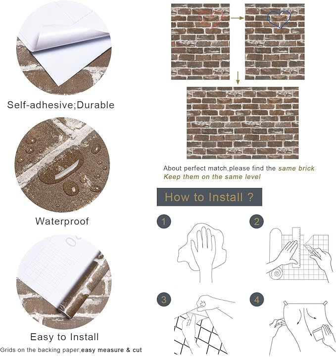 Timeet Red Brick Wallpaper Self Adhesive Peel and Stick Wallpaper Removable Contact Pape Textured for Bedroom Living Room Wall Decor Vinyl Film Roll 17.7"×118.11" - Image 6