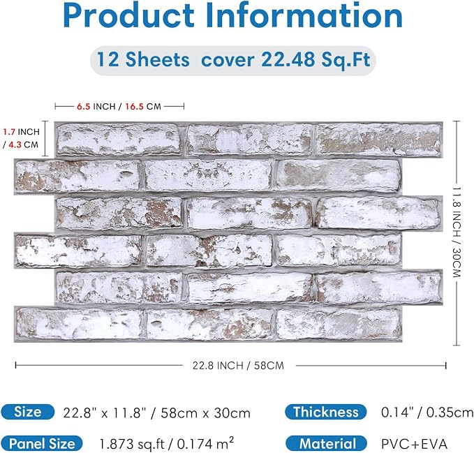 COMSTICKC 3D Peel and Stick Faux Brick Wall Panels for Quick DIY Wall Decor | 12 Pcs 22.8" x 11.8", Not Real Brick, Ultra-Light PVC 3D Fake Brick Wallpaper Decorative Tiles Covering, Cover 22.48 sq ft - Image 5