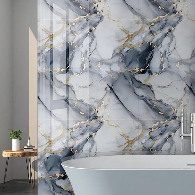 Chejiaye Peel and Stick Marble Wall Panels 11.8"x11.8"- Waterproof Self-Adhesive for Interior Wall Decor,PVC Foam Backsplash Tile for Kitchen,Bathroom,Bedroom,Blue&Gold(Not Real Tile,10PCS) - Image 2