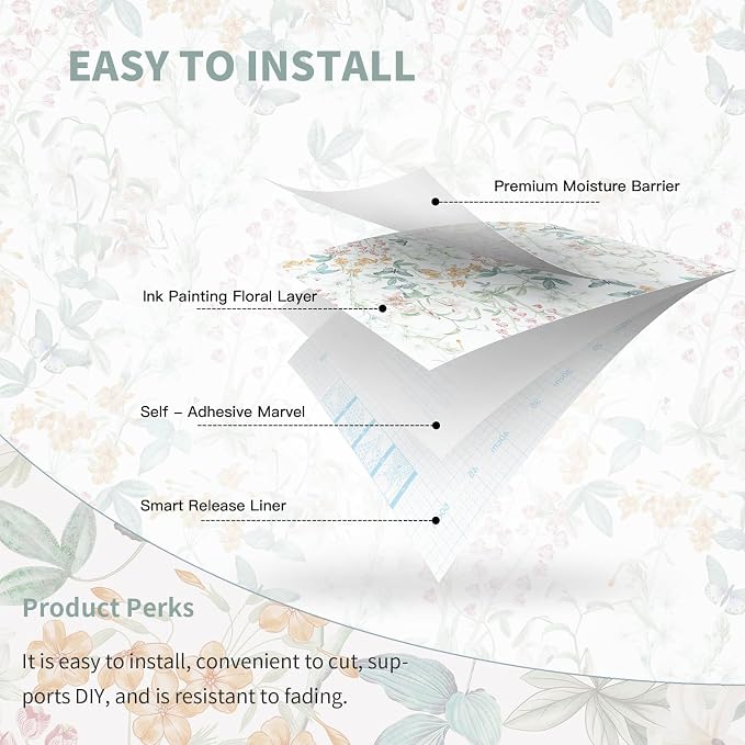 Dimoon 78.7"x17.3" Floral Wallpaper Peel and Stick Wallpaper Blue reen Boho Contact Paper Botanical Wildflower Morden Cottage Renter riendly Bathroom Boho Flower Kitchen Self dhesive Vinyl Roll - Image 4