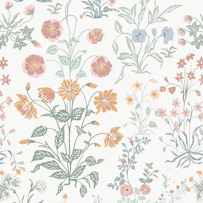 Floral Peel and Stick Wallpaper Vintage Wallpaper Colorful Wall Paper Wildflower Contact Paper for Cabinets Vinyl Renter Friendly Waterproof Self-Adhesive Bathroom Kitchen Bedroom 78.7"×17.3" by Fiula