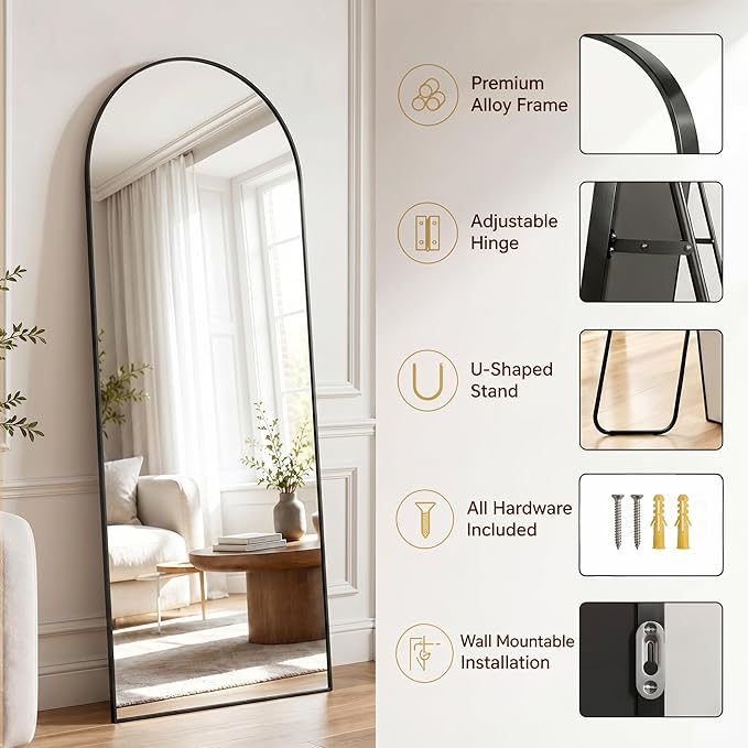 Antok Full Length Mirror, 90"x46" Floor Mirror with Stand, Black, Arched - Image 3
