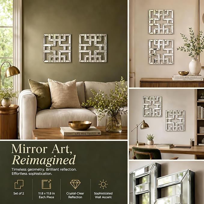 Square Decorative Wall Mirror 12 x 12 Inch, Silver Frameless Mirror Wall Decor with Beveled Edge, Modern Wall Mounted Accent Mirror for Living Room, Bedroom, Hallway, Set of 2 - Image 7