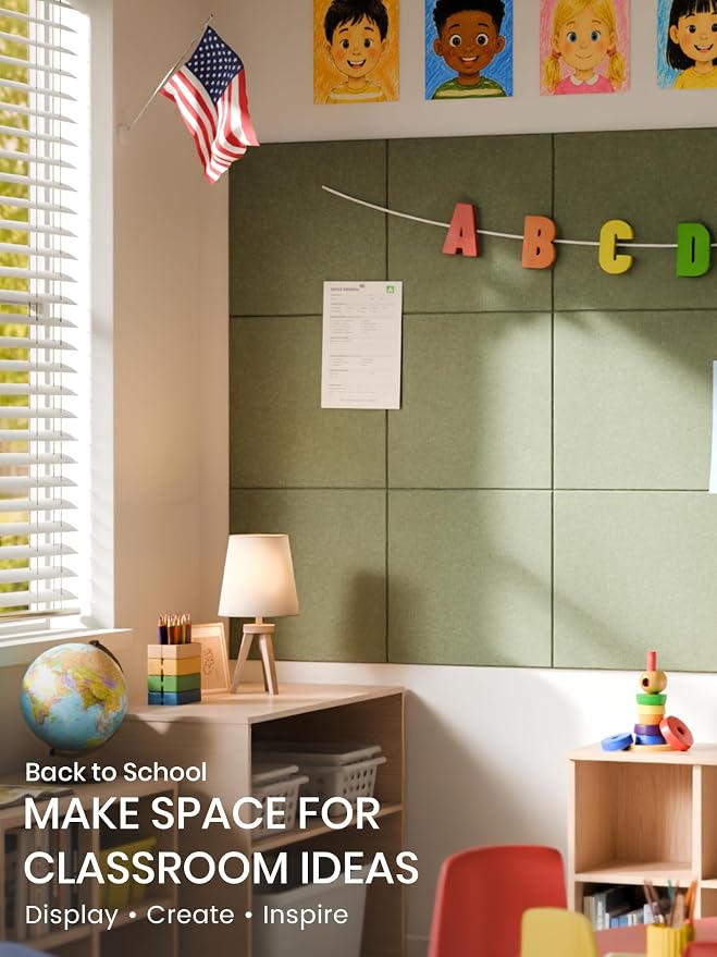 Bumusty 48"x 36" Large Felt Bulletin Board Tiles, Olive Green | 12-Pack Cork Board Alternative, Wall Decor, 30 Pushpins, 60 Adhesive Tabs, Vision Board, Office, Classroom, Home, Dorm - Image 5