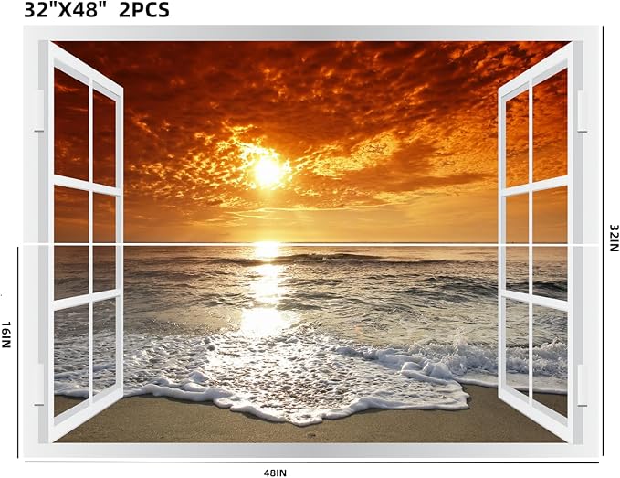 Self-Adhesive Wall Sticker Romantic Living Room Bedroom Study Office Decorative Wall Sticker Ocean Scenery Fake Window Sticker Mural (Sunset Beach, 32"×48") - Image 2