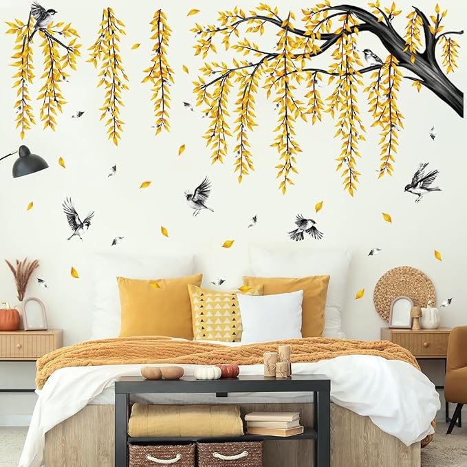 Fall Large Tree Branch Wall Decals Hanging Autumn Yellow Leaves Wall Stickers Peel and Stick Leaf Branch Bird Wall Decor for Living Room Bedroom Tv Background Decor - Image 4