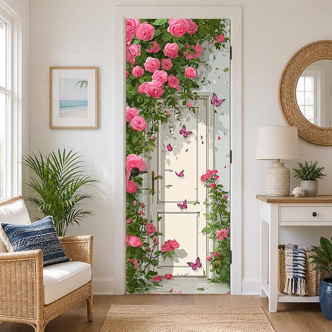 Rose Garden Door Mural, Pink Floral Gate Butterfly Door Cover | Waterproof PVC, 30.3" W x 78.7" L; pink rose garden design for bedroom, entryway, living room or closet doors. by Cmialusie