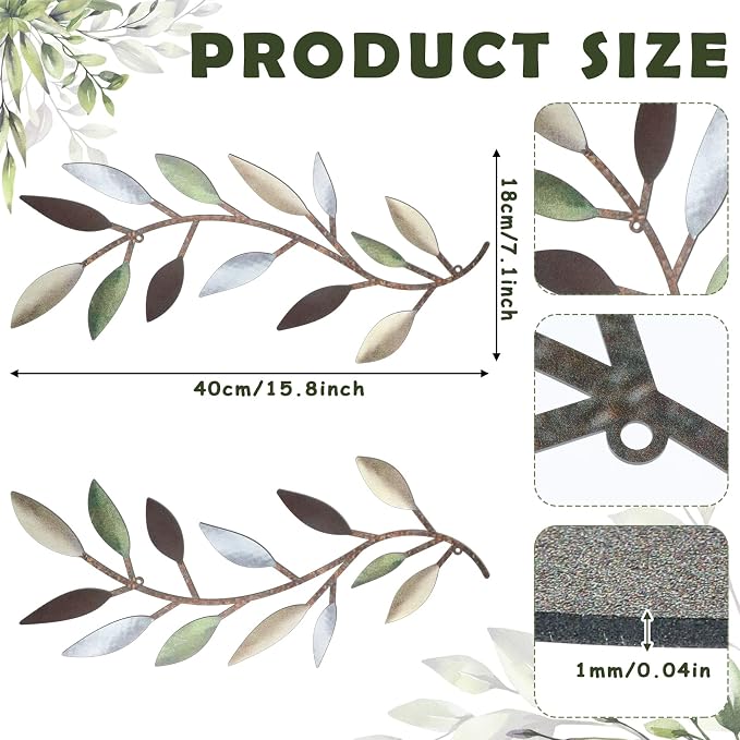 Zhengmy 2 Pcs Metal Leaf Wall Art Vine Branch Decor,Colorful | Olive Branch Metal Decor for Living Room Hallway, Symmetrical Leaf Pair for Doorway Entryway, Lightweight Hanging Art Design - Image 2