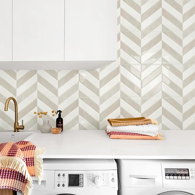 STICKGOO Herringbone Peel and Stick Backsplash, White & Beige, 10 Sheets | 12.6 x 9.7 in, Thicker Rectangular Vinyl Stick-On Wall Tiles, Easy Alignment, Waterproof, Easy to Clean, Kitchen/Bathroom - Image 4