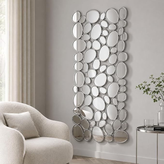 Large Wall Mirrors Decorative - 27.5x55 Inch Silver Living Room Mirrors for Wall Decor, 71 Piece Multi-Size Pebble Design Metal Framed Accent Mirror for Entryway Living Room Home Decor - Image 6