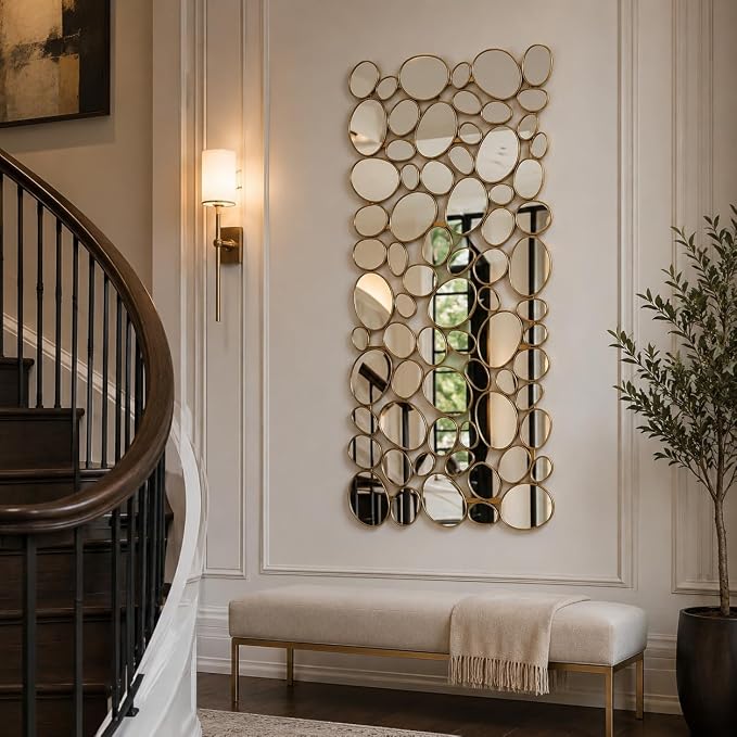 Gold Mosaic Wall Mirror, 27.55" x 55" Large Pebble Geometric Decorative Mirror with 71 Irregular Mirror Pieces, Modern Accent Wall Decor for Living Room, Entryway, Bedroom, Hallway - Image 9
