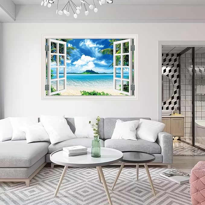 ‌Lmyhome Fake Window Wall Mural Blue Sky Ocean Beach (48"x32") | Peel and Stick Faux Window Wall Sticker Decal Poster for Bedroom Home Decor - Image 4