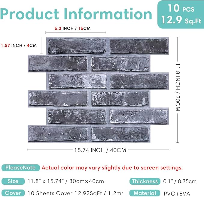 Commomy 3D Peel and Stick Faux Brick Wall Panels - 10pcs 15.74" x 11.8" | Ultralight Thin PVC Fake Brick Wallpaper Tiles Wall Covering for Home Office,Living Room Quick DIY Wall Decor(12.92 sq.ft) - Image 5