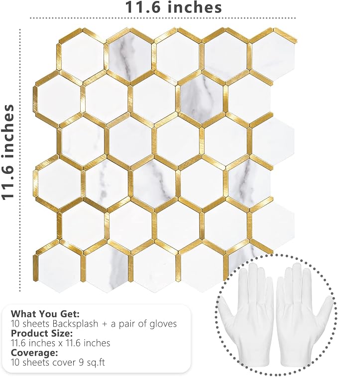 STICKGOO Hexagon Peel and Stick on Backsplash for Kitchen and Bathroom, White Marble Look PVC Mixed Metal Gold Self Adhesive Metal Mosaic Tiles(10 Sheets, Seamless) - Image 2