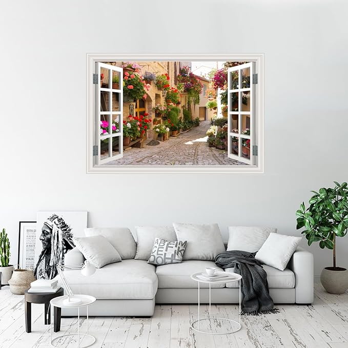 Fake Window Wall Decals Spring Italy Rose Alley Flower Wall Art Sticker | ｜Faux Window Natural Scenery Landscape Mural ｜ Stick and Peel Wall Decal｜Room Bedroom Office﻿ Decor｜48"x32",Set of 2 Sheets - Image 5