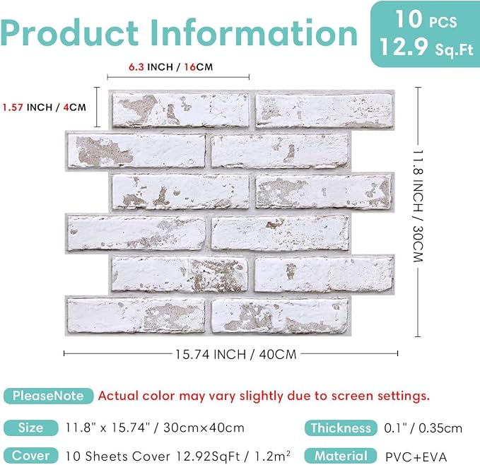 Commomy 3D Faux Brick Wall Panels - Ultra Thin PVC 10pcs 15.74" x 11.8" | Peel and Stick Brick Wall Covering for Living Room, Bedroom Quick DIY Interior Wall Decor,Not Real Brick (12.92 sq.ft) - Image 5