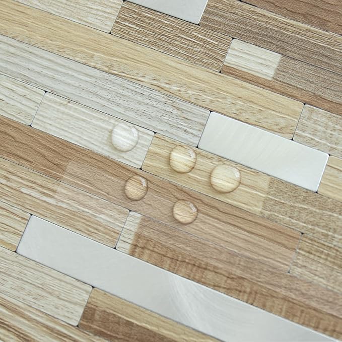 AULIGET 20 Sheets Beige & Brown Wood Peel and Stick Backsplash, PVC Mixed Metal Silver Wall Tile Stick on Backsplash for Kitchen and Bathroom - Image 3