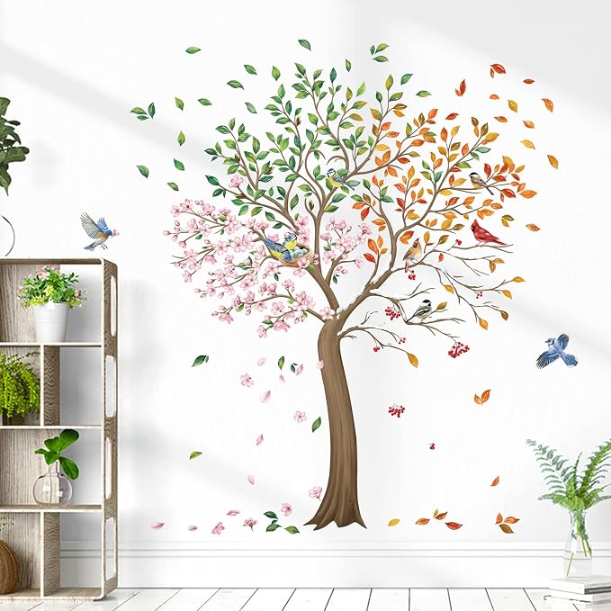 wondever Large Tree Wall Decals Tree with Flower Birds Wall Stickers （XL | Peel and Stick, Removable, Wall Art Decals, Wall Decoration, Living Room Bedroom, Office Sofa TV Home Wall Decor by wondever