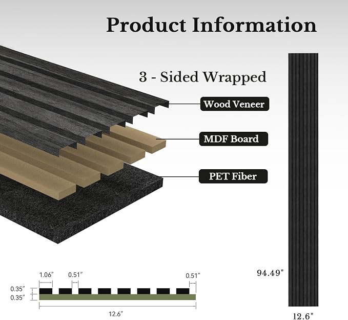 MISSDAY Wood Slat Acoustic Wall Panels, 4 Packs 94.5" x 12.6" Black Soundproof Panel For Interior Wall Decor Noise Absorbing-3D Textured Wooden Panel Sound-Absorbing for Home, Office, Studio - Image 5