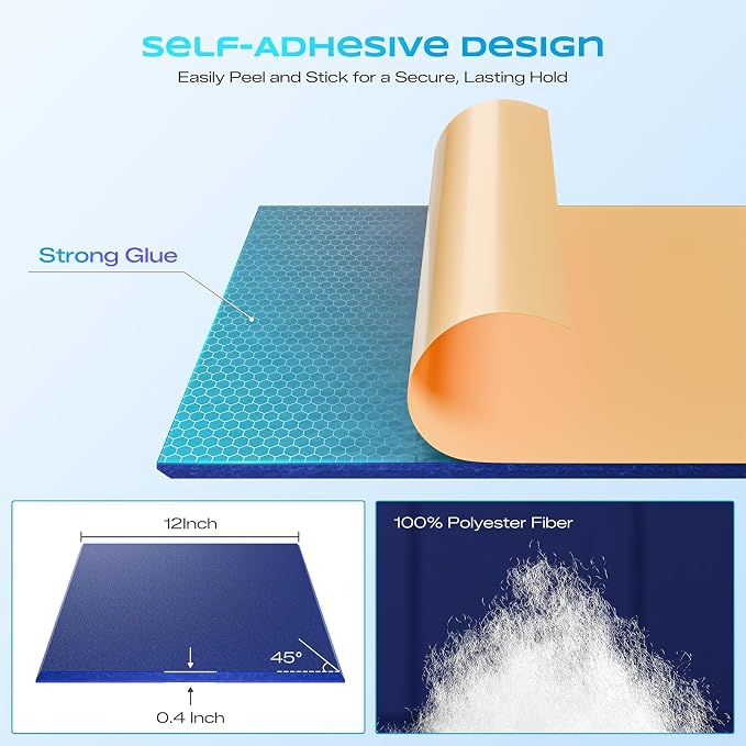 22 Pack Self-Adhesive Acoustic Panels, 12" X 12" X 0.4" High-Density Sound Proof Foam Panels for Walls, Soundproof Wall Panels for Home & Office (Blue) - Image 2