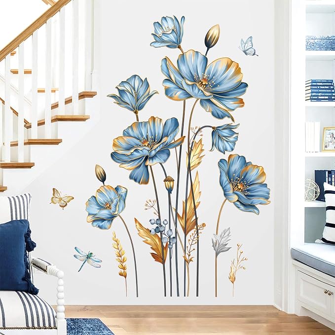 decalmile Blue Flower Butterfly Gold Leaves Plants Wall Decals Stickers(XL) - Image 2
