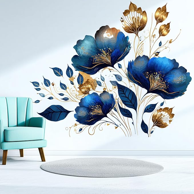 Blue Gold Floral Wall Decals, Flower Removable Wall Stickers Decor | Large luxurious peel and stick wall stickers, vinyl home decor art for nursery bedroom living room classroom office - Image 5