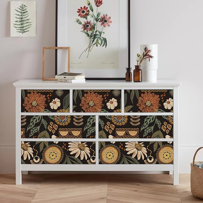 Simon&Siff Boho Floral Peel and Stick Wallpaper 17.3" x 480" | Sun Floral Retro Contact Paper Removable Self Adhesive Contact Paper, Renter Friendly for Cabinets, Furniture, DIY Decor - Image 6
