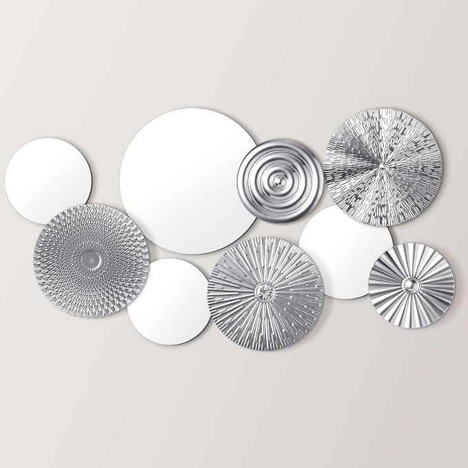 Blulu 9 Pcs Silver Mirror Wall Decor Metal Round Home Art Decor Decorative Modern Circle Mirror Wall Art Sculpture Hanging Decorations for Home Living Room Office by Blulu