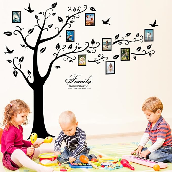 Large Family Photo Tree Wall Sticker 3D Peel and Stick Vinyl Photo Frame Tree Wall Decals Removable Quotes Leaf and Birds Wall Decor for Home Kids Bedroom Living Room Classroom Nursery (Right, Black) - Image 5