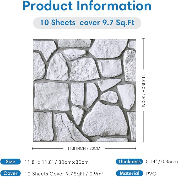 COMSTICKC 3D Faux Stone Wall Panels Peel and Stick, 10 Pcs 11.8" x 11.8" | Gray, Not Real Stone Wallpaper, Fake Stone Decorative Tiles Wall Covering for Quick DIY Wall Upgrades, Cover 9.7 sq ft - Image 5