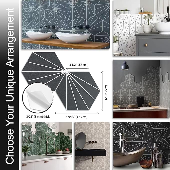 AULIGET Flower Vintage Hexagon Tile Peel and Stick Backsplash, 6"x7" Self Adhesive Wall Tiles in Grey (Pack of 45) - Image 5