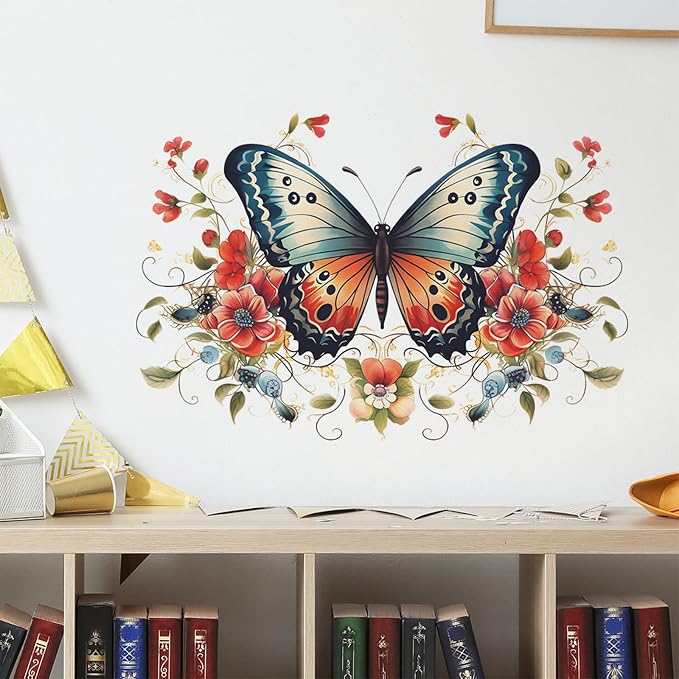 TUOKING Butterfly Red Flowers Wall Stickers Removable Wall Murals | Peel and Stick Wall Art Decal Home Decor for Kitchen,Bedroom,Living Room(fun-e34) - Image 6